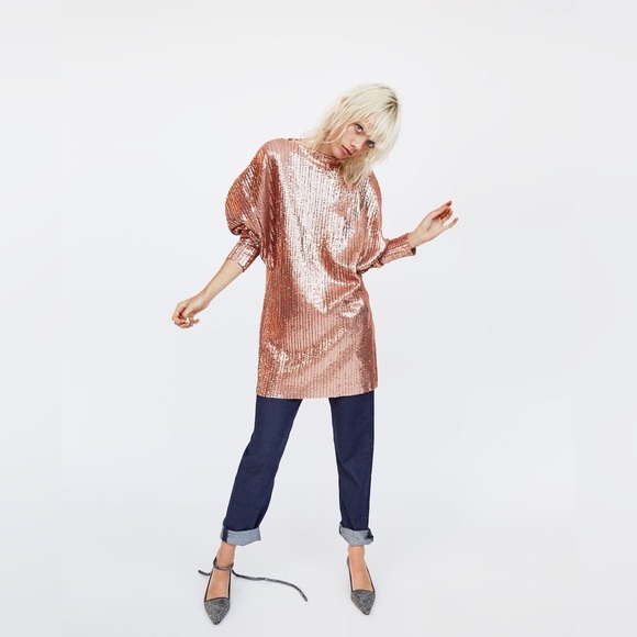 Zara Rose Gold Sequin Long Sleeve Dress - Picture 3 of 5